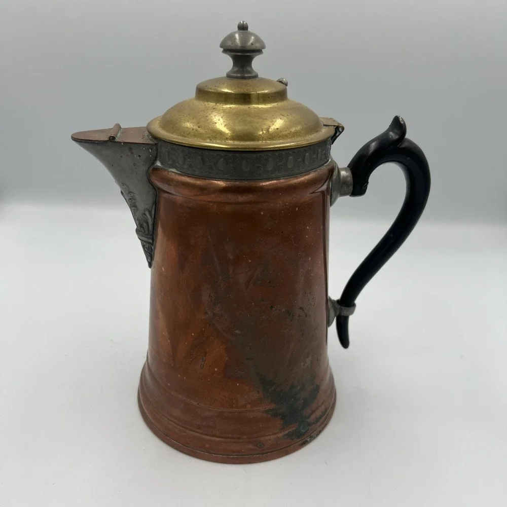 Vintage Copper And Brass‎ Revere Ware Tea Kettle Wood Handle Double Circle